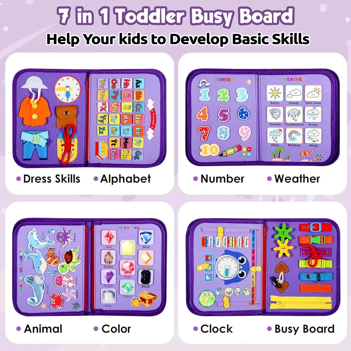Busy Book Board Reisespielzeug, Geburtstagsgeschenk für Jungen und Mädchen, pädagogisches Lernen, sensorische Aktivität, motorische Fähigkeiten, zufällige Farbe