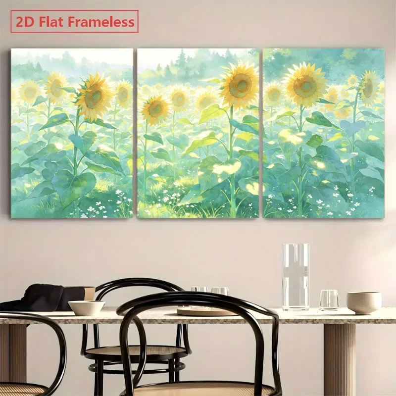 2D Flat 3pcs frameless ,    Canvas Wall Art: Sunflower Field Scene, Soft Green Yellow Tones, Modern Decor for Livi