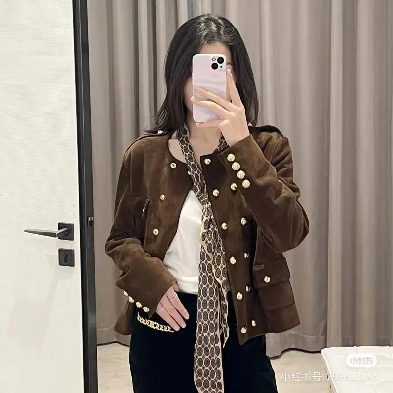 Women Coat Spring 2023 Short Length O-Neck Collar Suede Real Sheepskin Clothes Luxurious Atmosphere Double Breasted