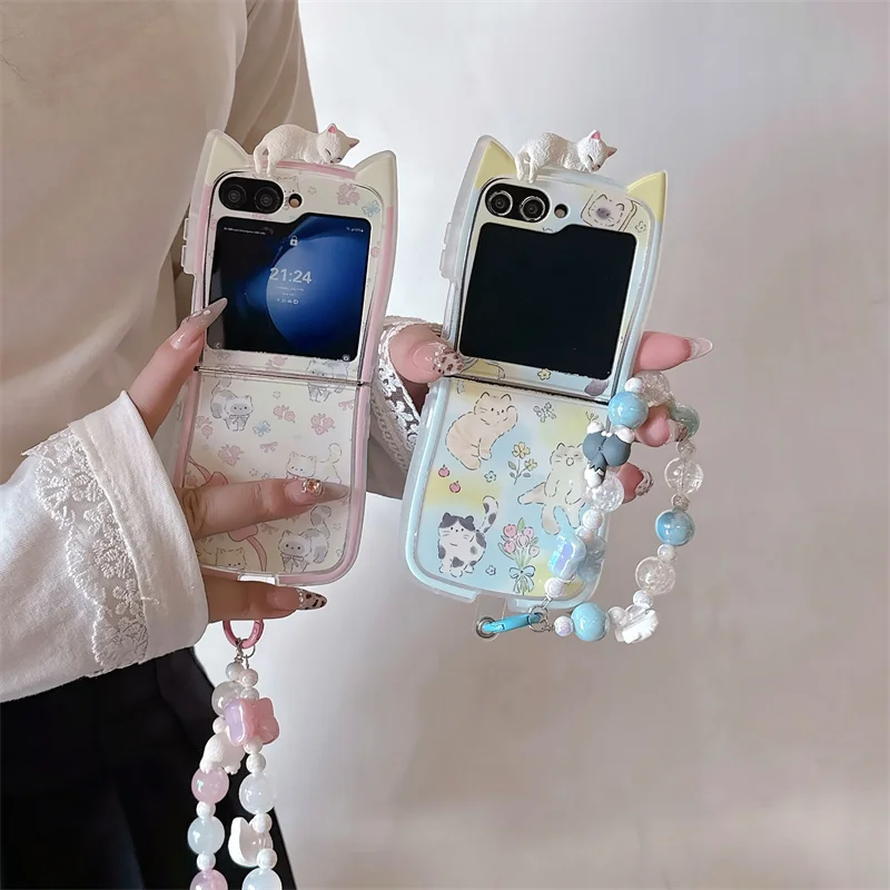 

New Korean cute bow fun cat-eared 3D kitten phone case for Samsung Galaxy Z Flip 5 5G Z Flip6 Zflip4 flip3 chain back cover Kawa