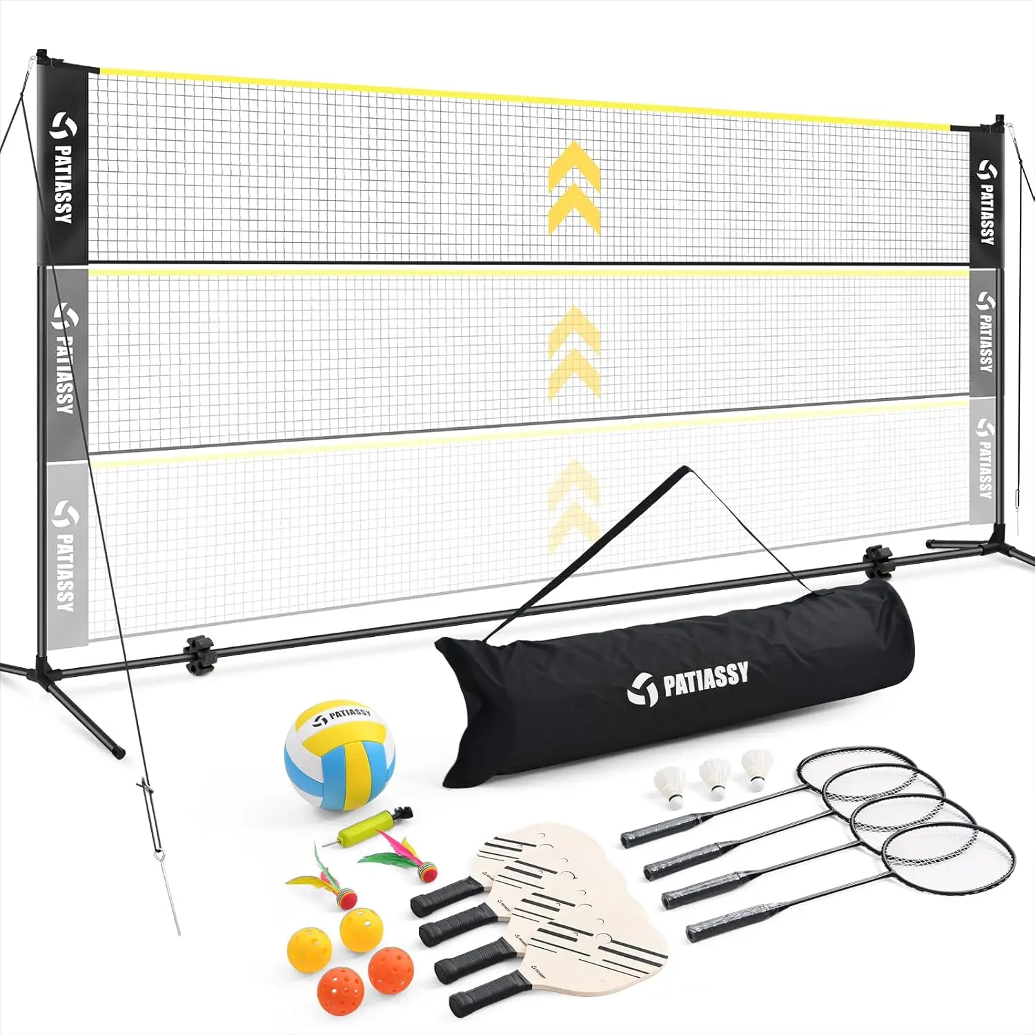 5.1ft-7.4ft Adjustable Height Volleyball Badminton Pickleball Net Set 17ft Sports Net with Poles, 4 Badminton Rackets, 3 Shuttle