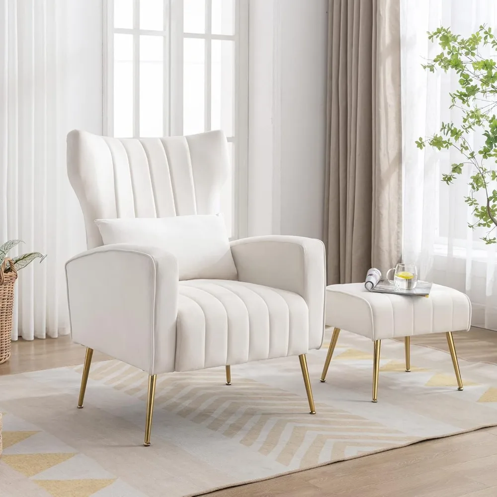 Chair with Ottoman Upholstered Wingback Bedroom Arm Chair with Lumbar Pillow & Golden Legs, Modern Chair for Dorms Reading