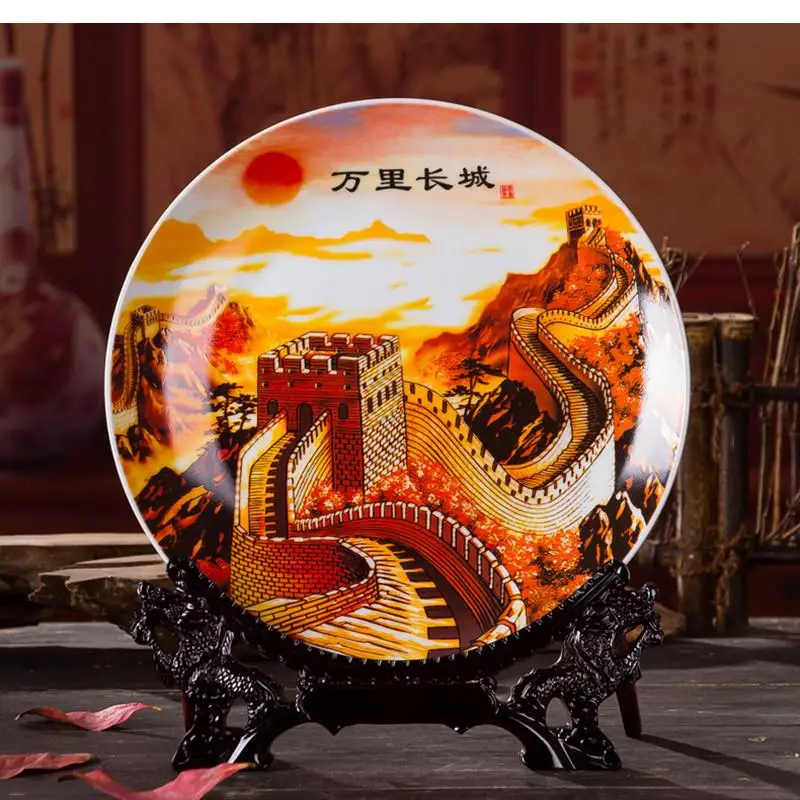 Chinese Style New Kowloon Decorative Plate Ceramic Art Hanging Ornaments Wooden Base Wedding Gift