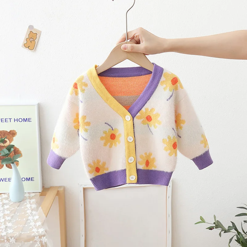 2026 New Korean Children's Sweater Girls' Flower Mink Velvet Baby Girls Knitted Cardigan