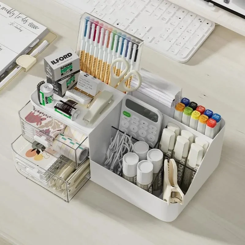 Large Capacity Multifunctional Desk Organizer with 2 Transparent Drawers, Desktop Office Supplies Storage Pen Holder for School view 4