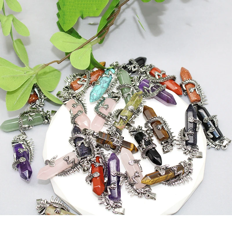 1 Piece Natural Crystal Stone Dragon Chakra Pendant Amethyst Powder Obsidian Necklace Pendant Suitable for DIY Jewelry Wholesale