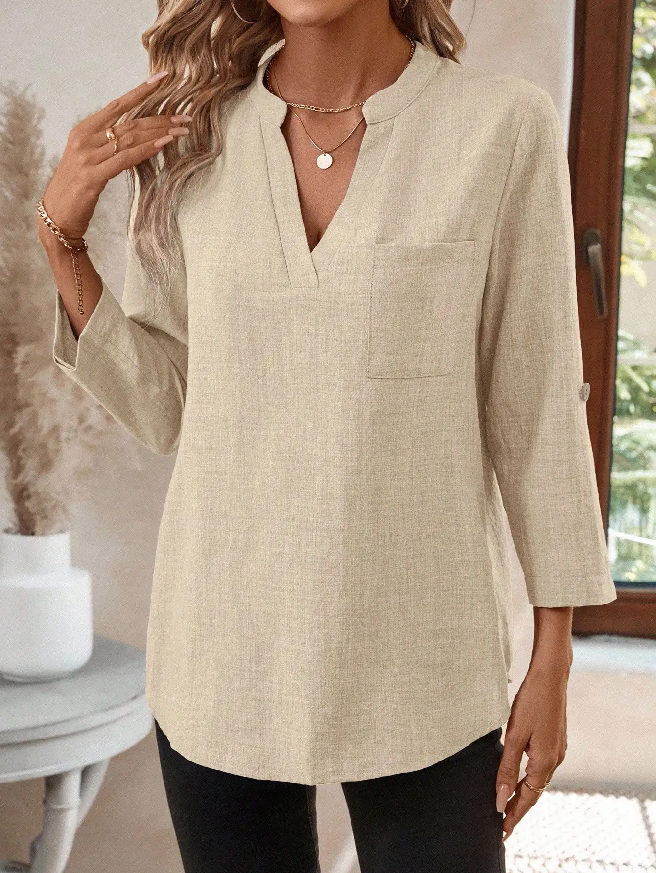 

Women V-Neck Solid Textured Casual Blouse Loose Fit Three Quarter Sleeve Linen Blend Top