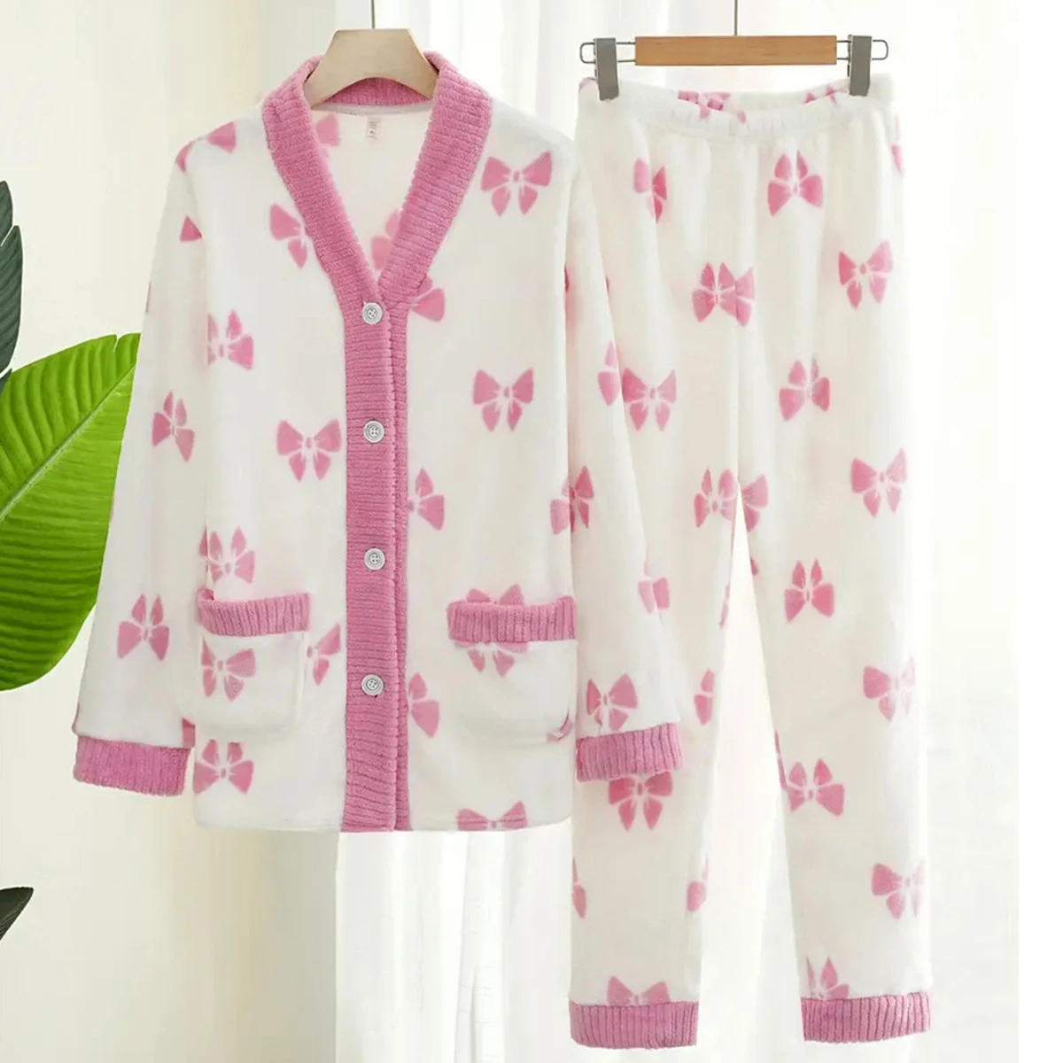 

Осенне-зимняя пижама 2022, комплект из 2 предметов с бантом, верхняя одежда, домашняя одежда, коралловый бархат, ночная рубашка, женская одежда для сна, домашняя одежда