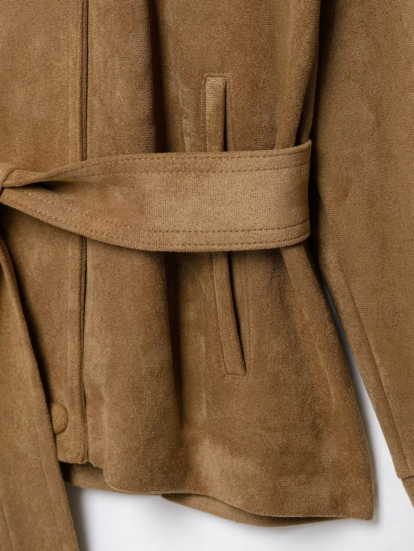 Damen Retro Herbst-Urlaubs-Kurzmantel mit Stehkragen, asymmetrischem Knopfleisten-Design, langen Ärmeln, lässiger Herbst-Mantel, einfarbig, locker geschnitten – Detail 9