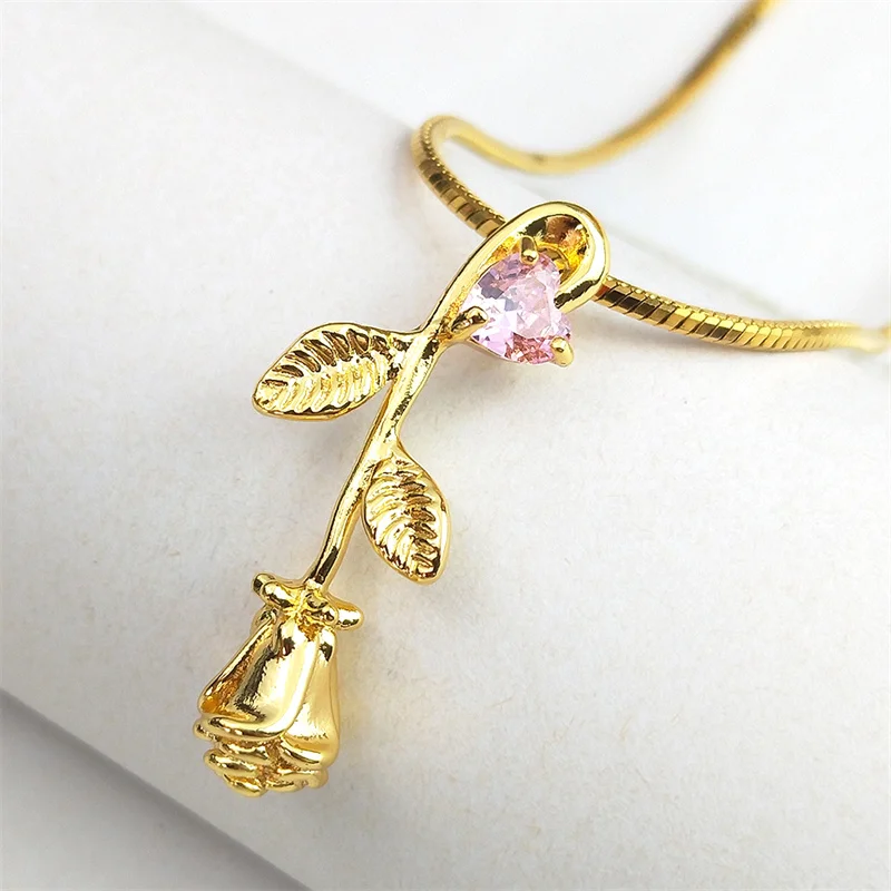 Coquette Rose Flower Pink Heart Love Copper Pendant Necklace for Women Stainless Steel Gold Color Aesthetic Chain Jewelry