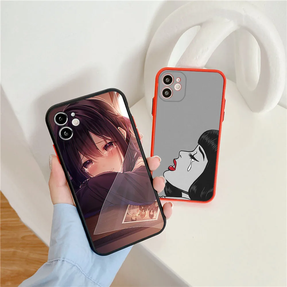 Matte Phone Case for iphone 16 14 13 15 Pro Max 8 7 Plus 12 11 Mini XR X XS SE Sad Cartoon Crying Girl Transparent Case Funda