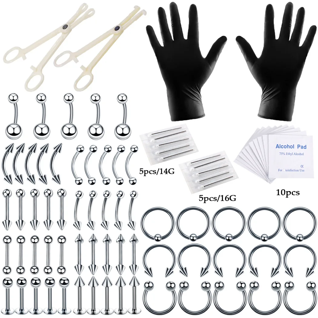 

84Pcs Stainless steel piercing jewelry ear piercing nose nail lip ring tattoo piercing tool set
