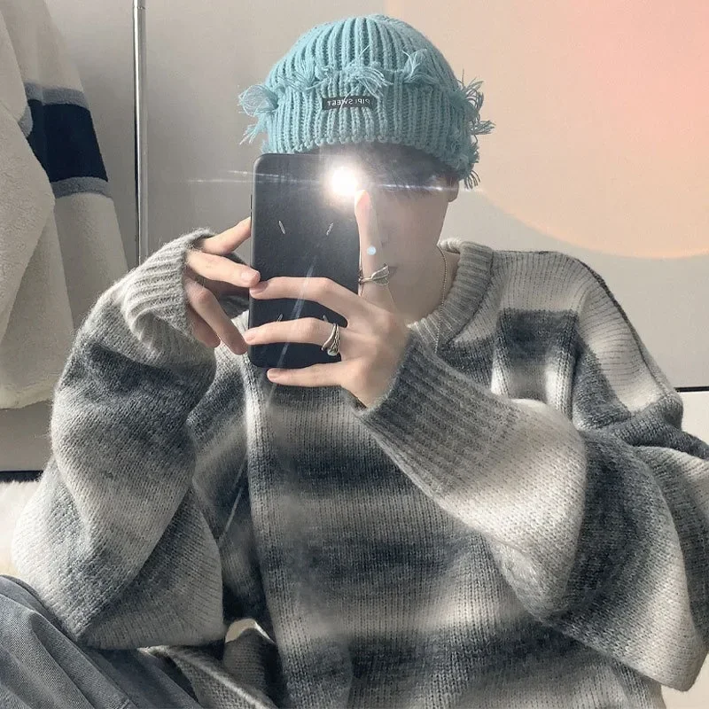 

Stripe Gradient Pullover O Neck Sweater Men's Spring And Autumn Loose Korean High Street Retro Women's Knitted Sweater Coat Y2k