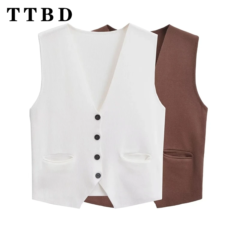 TTBD Woman 2024 New Autumn Casual V-Collar Waistcoat Coat Female Vintage Sleeveless Jacket Solid Color Top Single-breasted Gilet