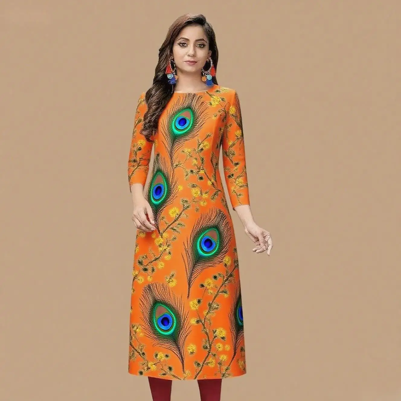 Kurt women's casual fashion dress long sleeved straight tube casual ethnic peacock round neck regular size design sense 2026.