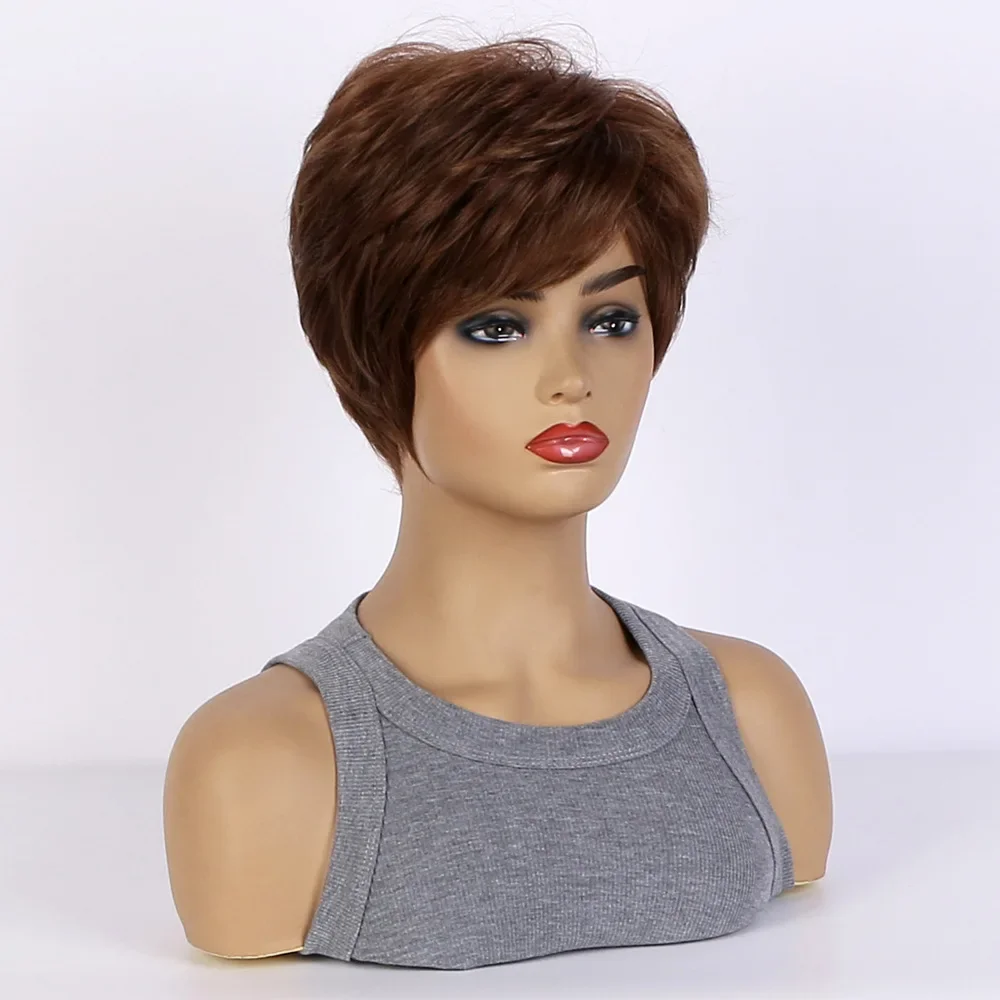 Synthetic Short Straight Wig for Women Wigs With Bangs Brown Wig Daily Use Heat Resistant Fiber