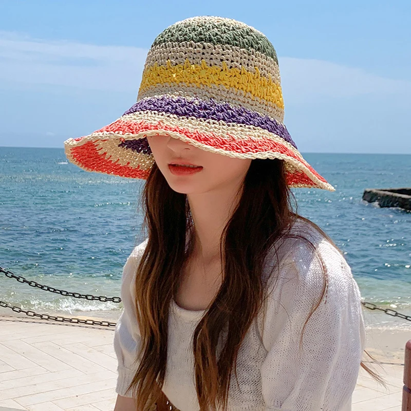 Sombrero de paja de arcoíris para mujer, visera de sol hecha a mano de ganchillo, sombreros de cubo de ala grande, sombrero de sol de playa para