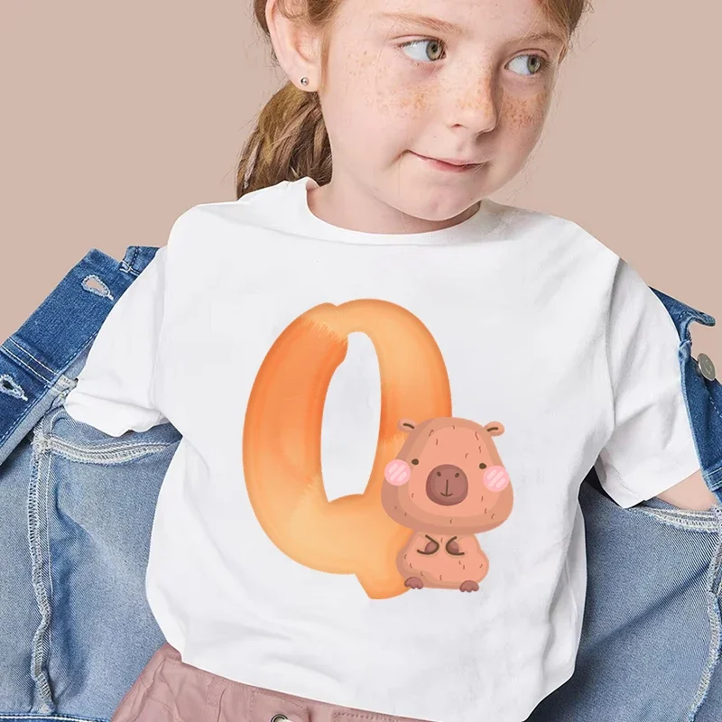 Capybara T-shirts Girls Boys Cartoon Letter A-Z T Shirt Funny Fashion Y2K Tops Tees Cute Capybara 26 Alphabet Cotton T-shirt