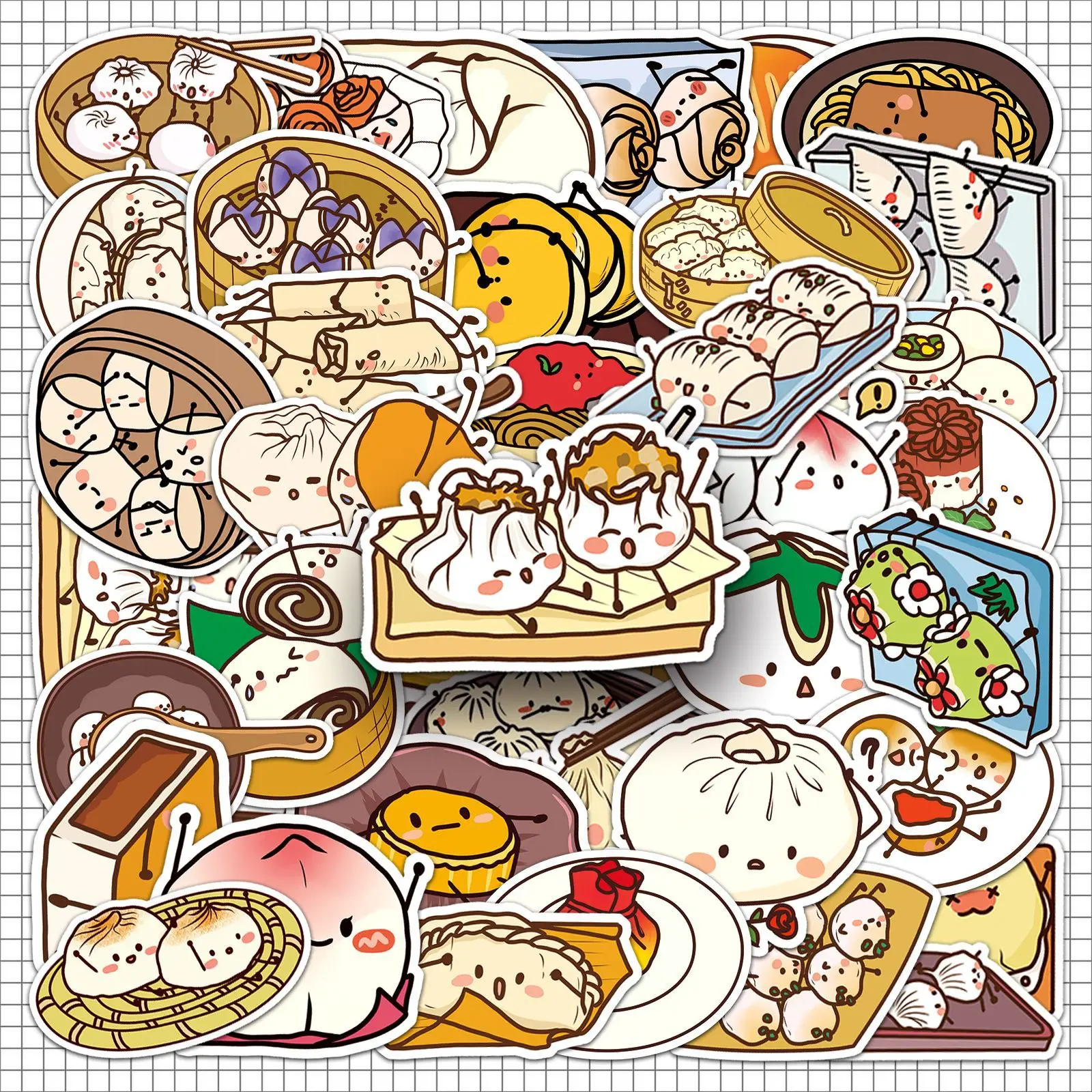 50 Adesivos Fofos de Desenhos Animados de Comida Chinesa, Decalques Decorativos Impermeáveis para Diários e Scrapbook DIY