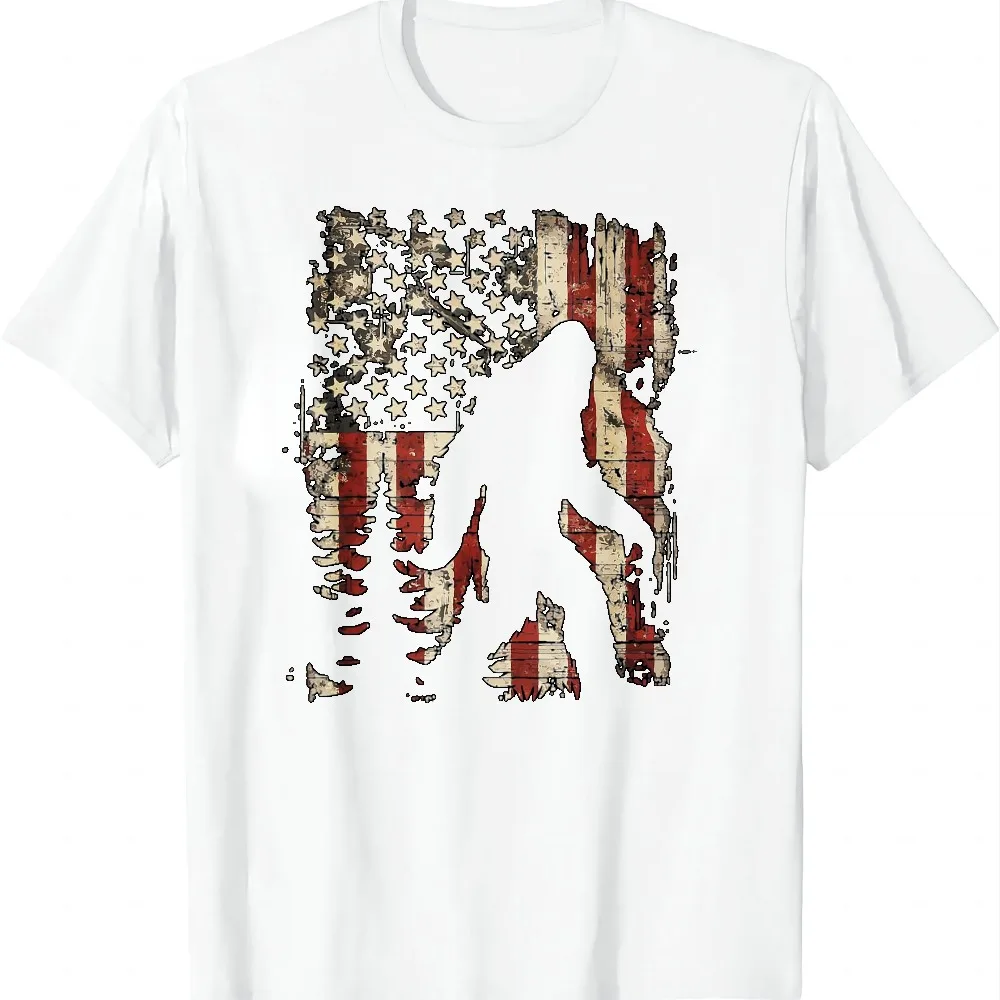 Bigfoot Sasquatch America Flag Patriotic Men Women Kids T-Shirt Unisex Tee Graphic T Shirt Black and White High Contrast Gothic