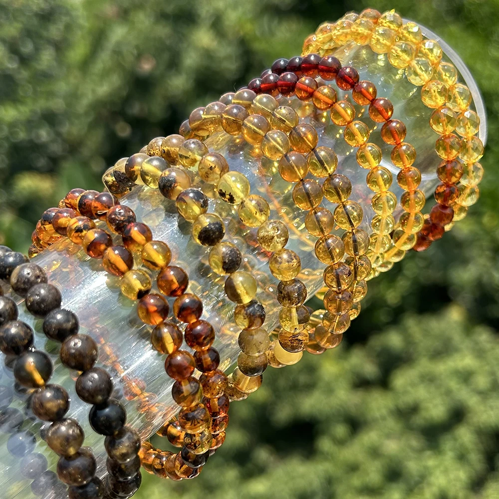 Natrural Genuine Baltic Flower Amber Bracelet Amber Faceted Round Beads Rought Size 5mm-7mm,For Women Bracelets Gift,Whit Defect