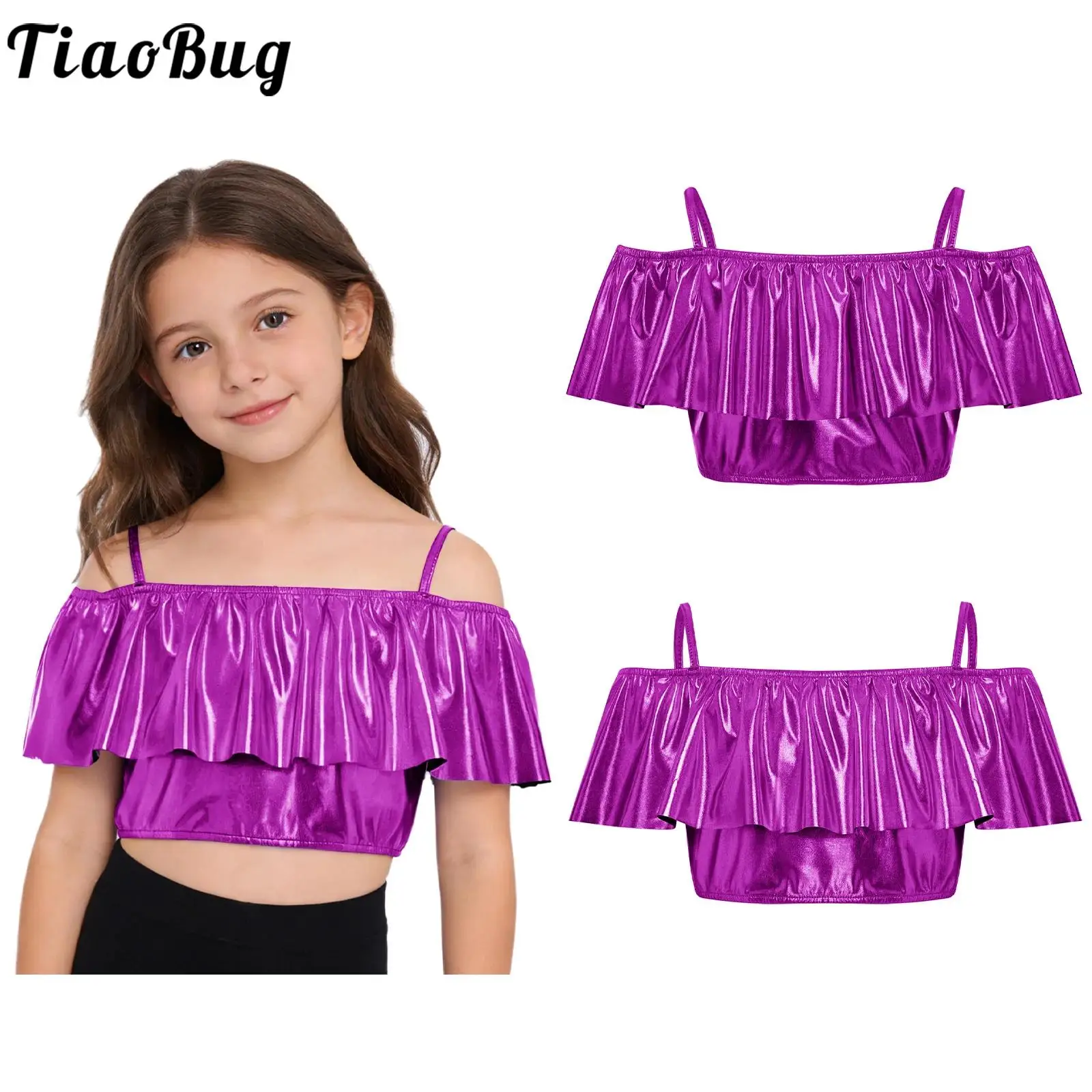 

Kids Girls Metallic Jazz Modern Gymnastic Street Dance Crop Top Off Shoulder Spaghetti Straps Ruffles Vest for Party Performance