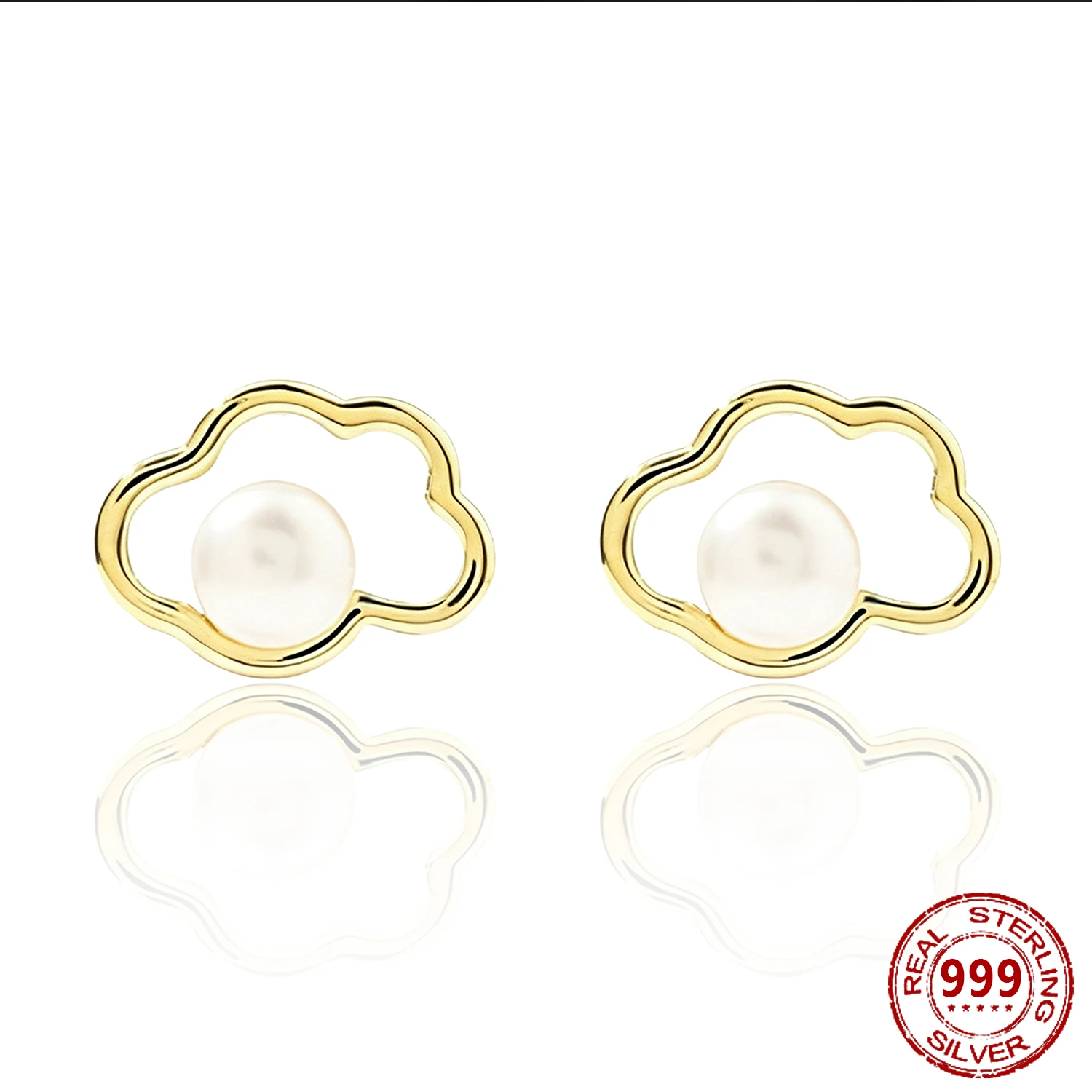 OZAN Cloud Round Natural Pearl S999 Sterling Silver Earrings Stud Yellow Gold Plated Fashion Trendy Jewelry for Women Girls Lady