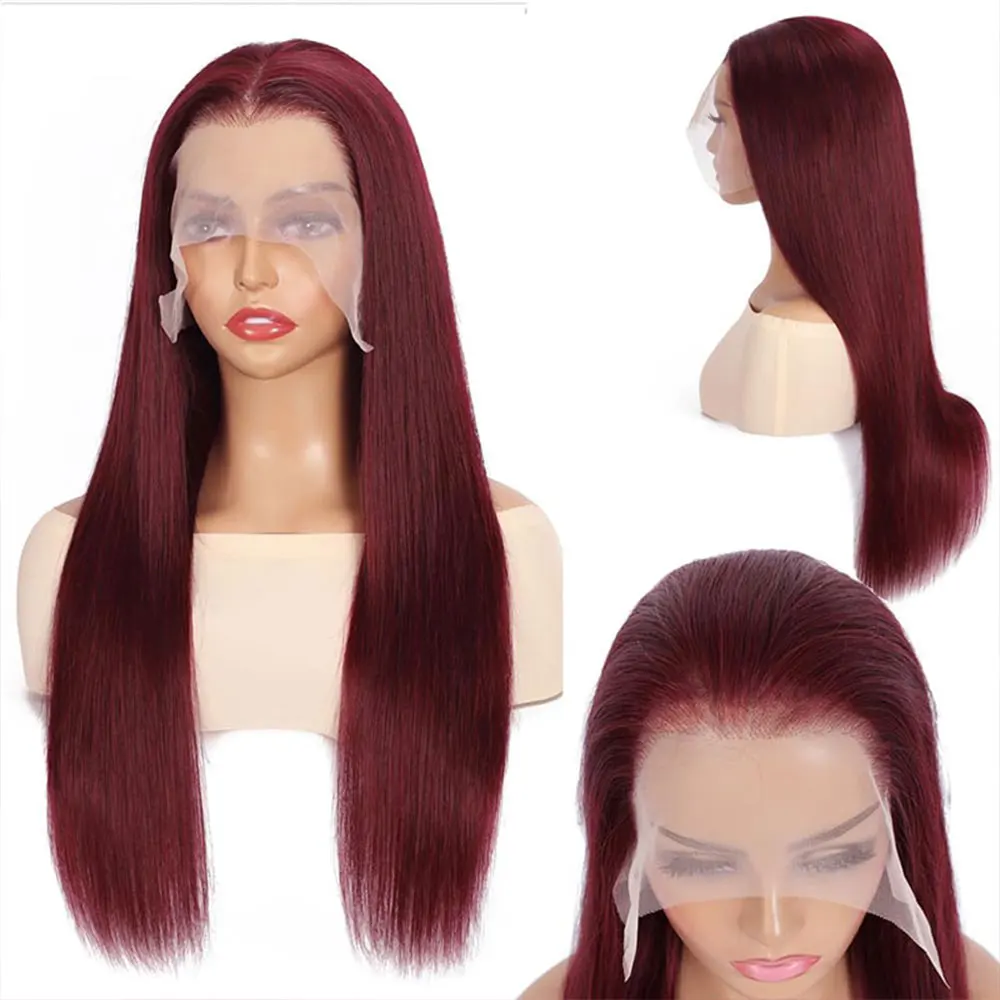 Peluca de cabello humano con encaje Frontal 99J Borgoña, pelucas frontales de encaje recto 13x4 de 34 pulgadas, peluca roja de color de encaje transparente HD para mujer