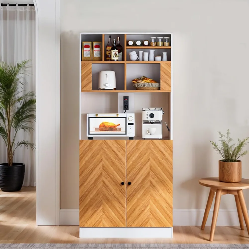 

rtswish Bakers Rack Microwave Stand Cabinet with Power Outlets, 69 Tall Farmhouse Freestanding Hutch with Microwave Oven Counte