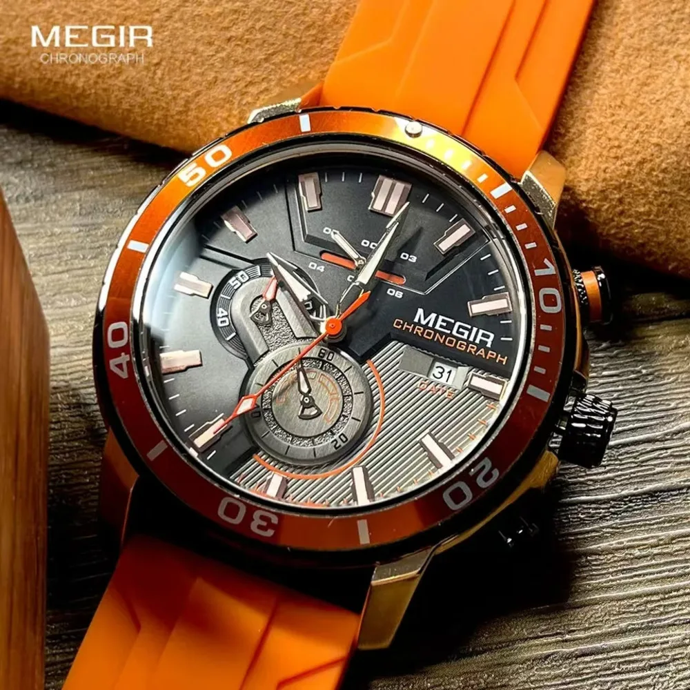 ساعة رياضية MEGIR-Orange للرجال ، حزام سيليكون مقاوم للماء ، كرونوغراف ، ساعة يد كوارتز ، تقويم ، أيدي مضيئة ، موضة