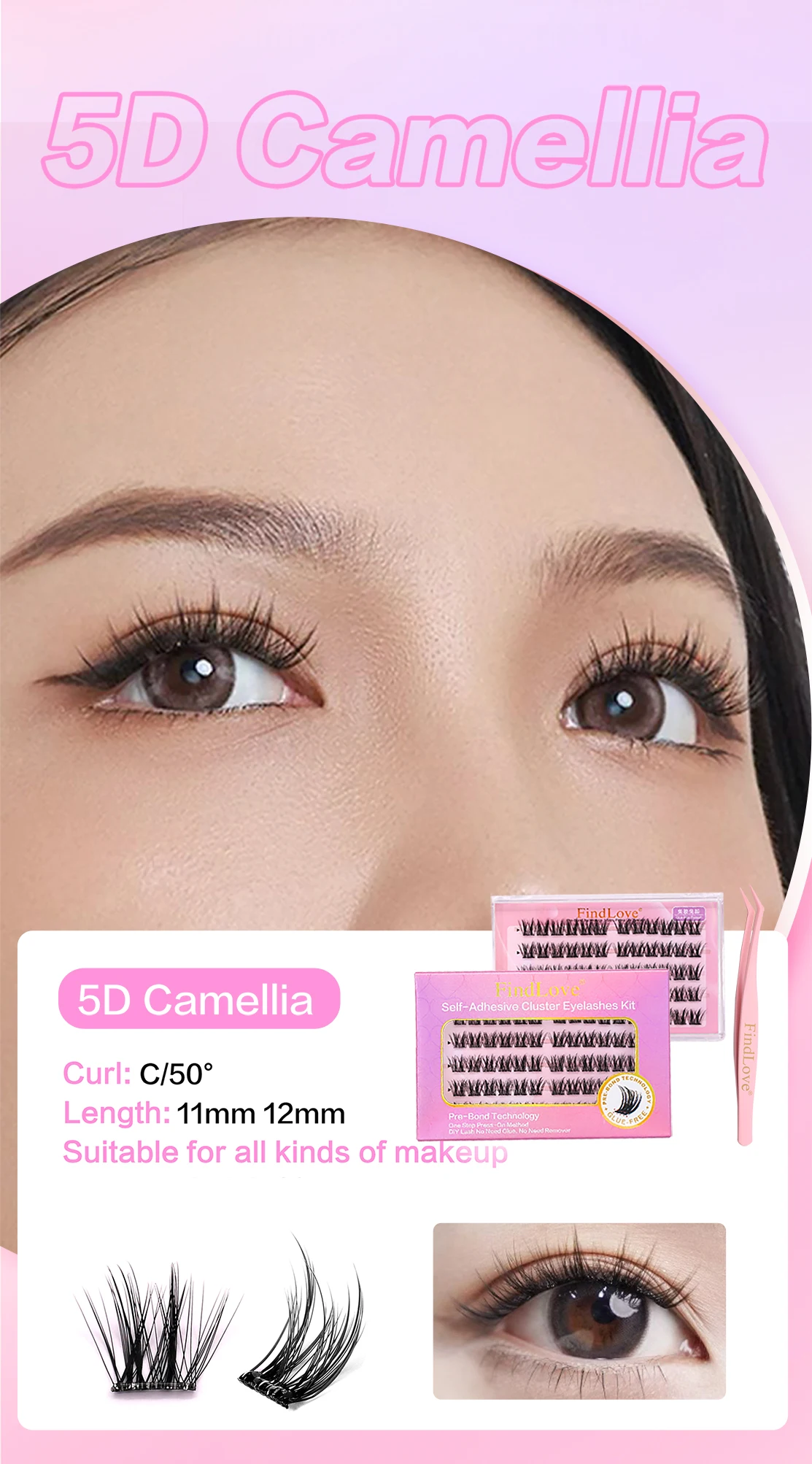 FindLove 5D-Wimpern ohne Kleber, kein Kleber erforderlich, 11–12 mm Wimpern, W-Form, selbstklebend, wiederverwendbar, langlebig, vorgeklebtes Wimpern-Make-up – Detail 2