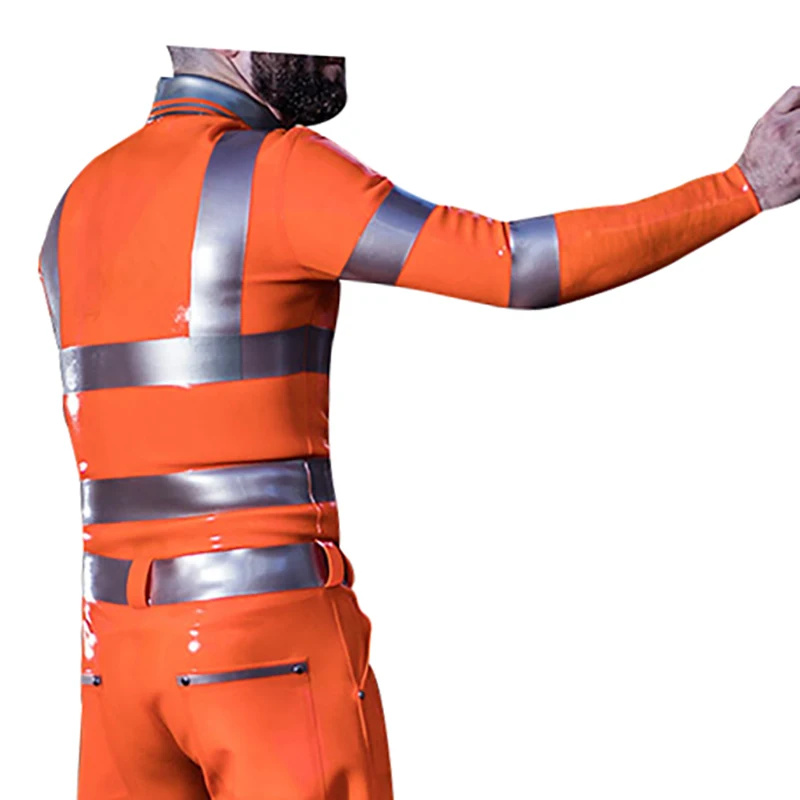 Silver And Orange Sexy Latex Polo Shirts Top Cargo Pants Rubber Jeans Trousers Bottom YF-0428 view 4
