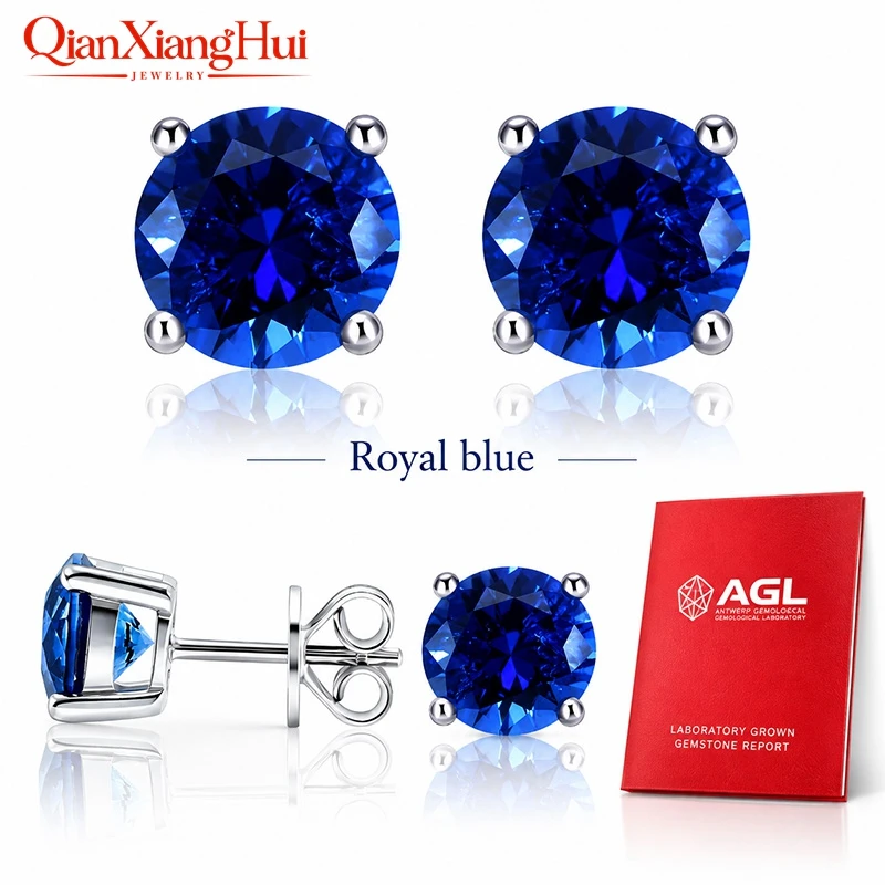 Lab Created Royal Blue/Cornflower Blue Sapphire Ear Stud 5-9mm with Inclusions Round Shape S925 Silver Earrings Jewelry