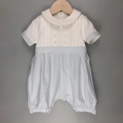 Barboteuse à manches courtes en coton bleu rayé pour enfants, vêtements de boutique pour tout-petits, tenue de baptême pour bébé garçon, vêtements de l'Aïd, beau