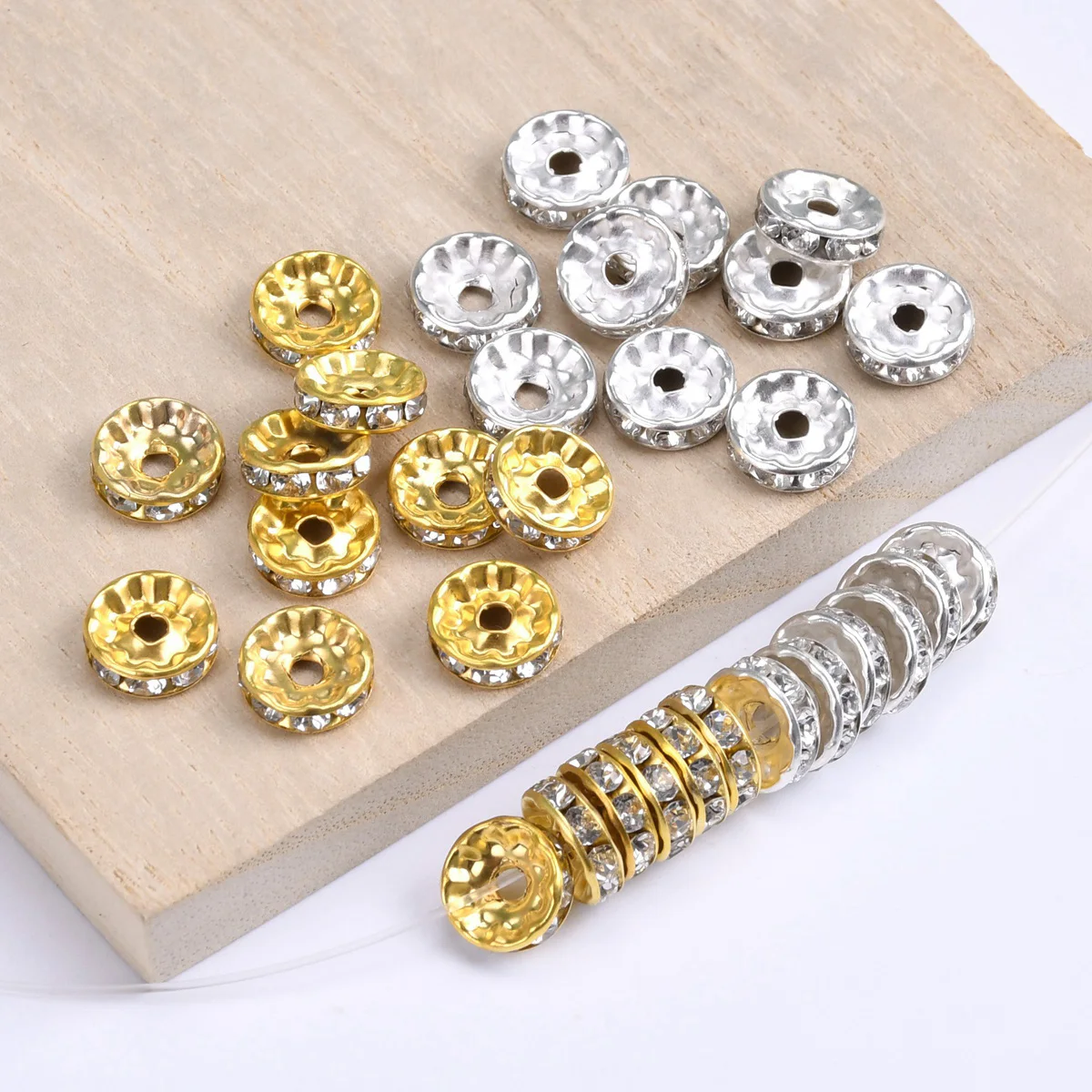 50 Stück Strass-Rondelle 6mm 8mm 10mm Gold/Silber Farben Kupfer Metall Lose Abstandhalter-Perlen für Schmuckherstellung DIY-Zubehör – Detail 1