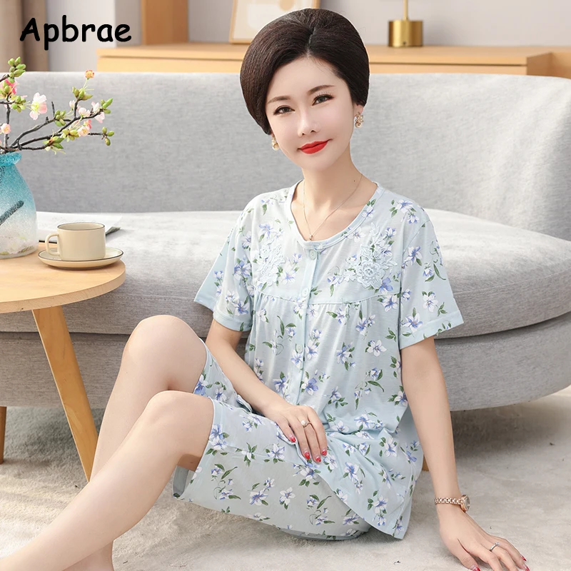 Summer Cotton Capris Pajamas Set Floral Print Pajama for Women Leisure Pyjamas Soft Lapel Pijamas Plus Size M-4XL Sleepwear