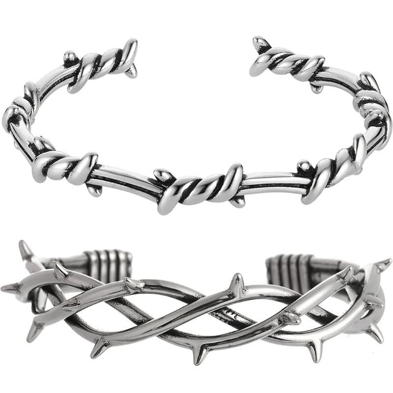 DXAA Gothic Inspired Thorn Punk Bracelet Stainless Steel Adjustable Sizing Open Bangle Accessory for Women and Men
