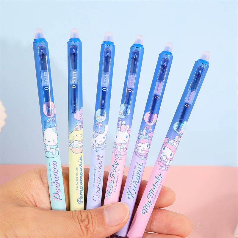 24 Stks/partij Sanrio Kuromi Melodie Cinnamoroll Uitwisbare Gel Pen Creatieve 0.5Mm Blauwe Inkt Handtekening Pennen Cadeau Kantoor Schoolbenodigdheden