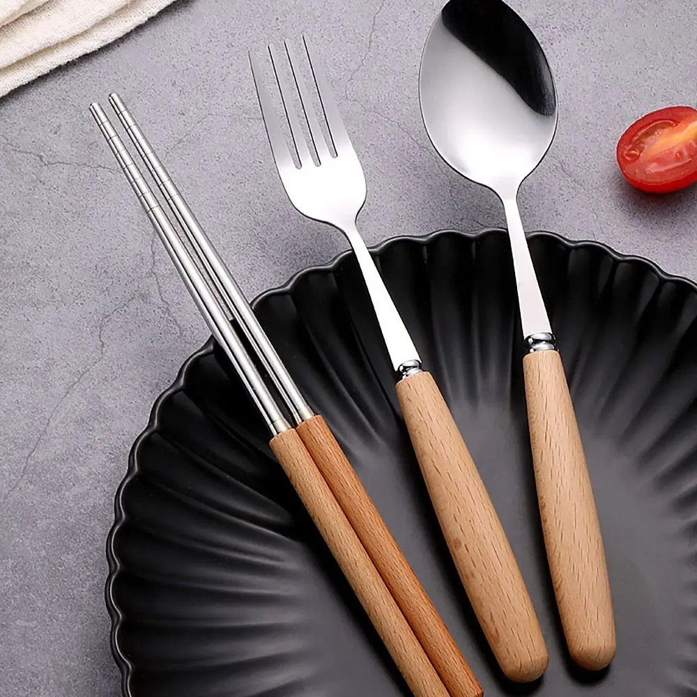 Wooden Handle Tableware Set with Box Stainless Steel Chopstick Cutlery Set Dinnerware Spoons Forks Chopsticks