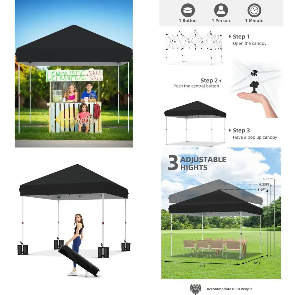 

10x10 Instant Pop-Up Canopy Tent, Heavy Duty Outdoor Shelter, One-Person Setup, 0-Sidewall, Black