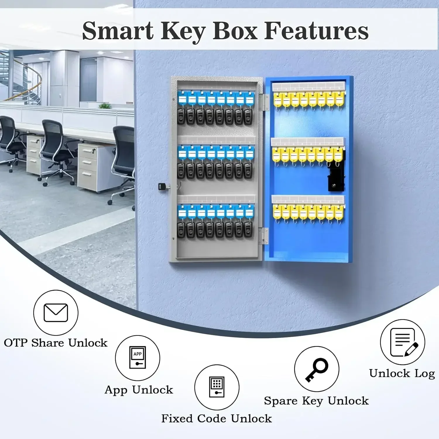 WeHere Intelligent Wall Mounted Key Safe Box,OTP/APP Bluetooth/fixed Code Unlocking Key Management Safe 48 Key Lock Box