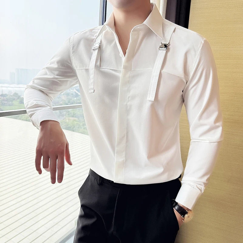 2024 Strap Decoration Casual Shirt Men Summer Long Sleeved Casual Business Dress Shirts Social Party Tuxedo Blouse Men Clothing