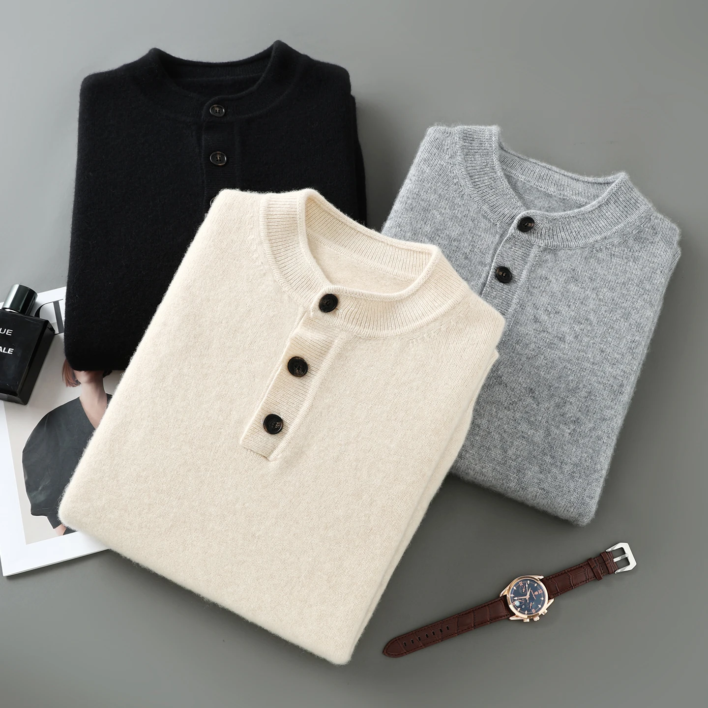 

Autumn Winter 100% Merino Wool Pullover Men's Mock-Neck Sweater Long-sleeve Cashmere Knitwear Jumper Men's Clothing Grace Tops