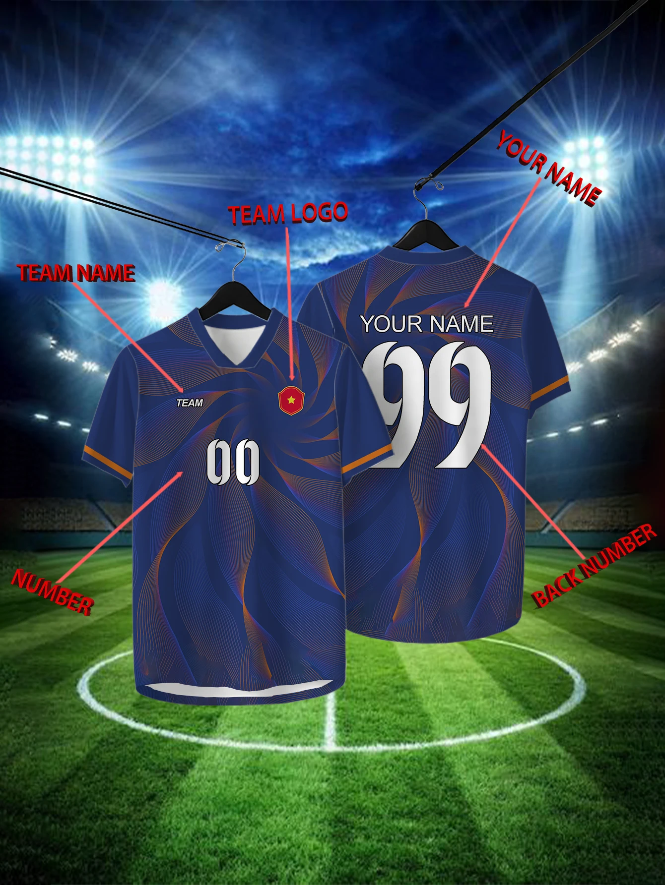 

Customized Geometric Deep Blue Short Sleeved Shirt with Team Name, Emblem, Name and Number, Outdoor Sports Short Sleeved T-shirt