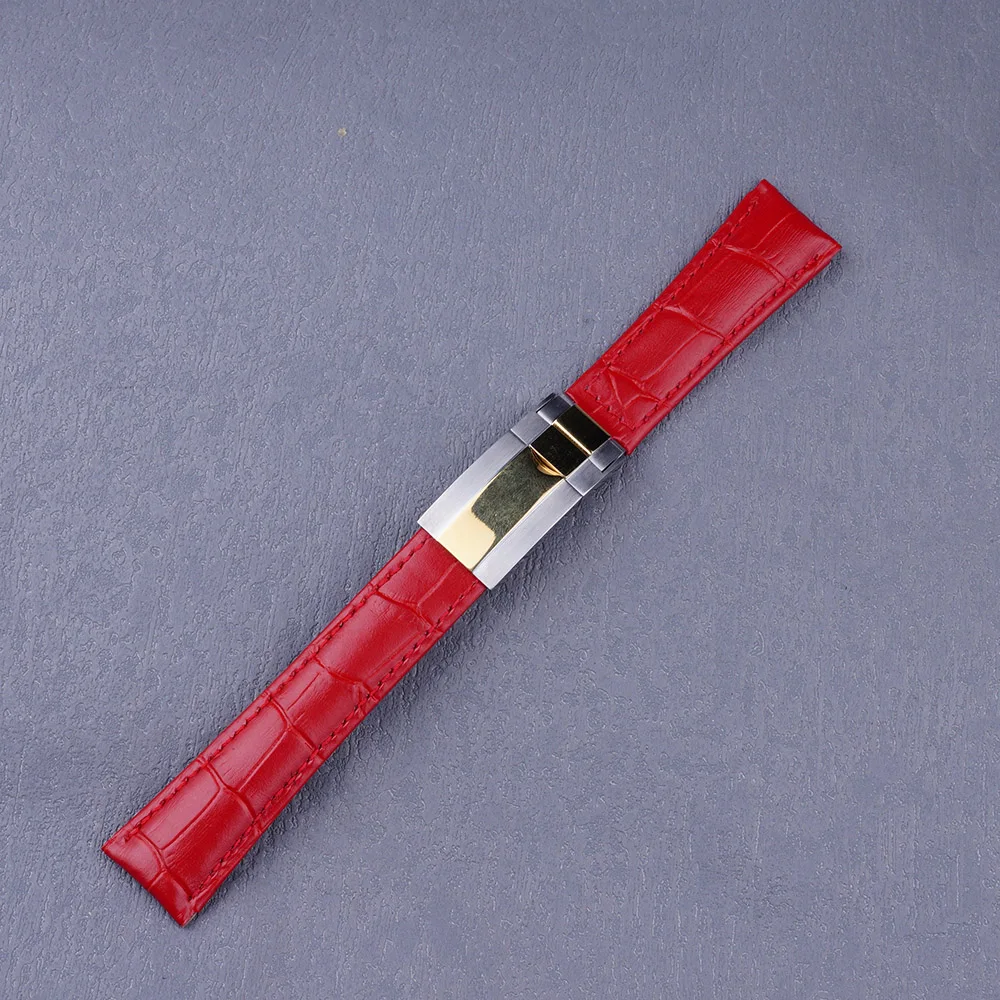 20mm Red Leather Strap with Middle Polish/Milddle Gold/Silver Brush Clasp WatchBand For OYSTER GMT SKX Black BAY Luxury Style