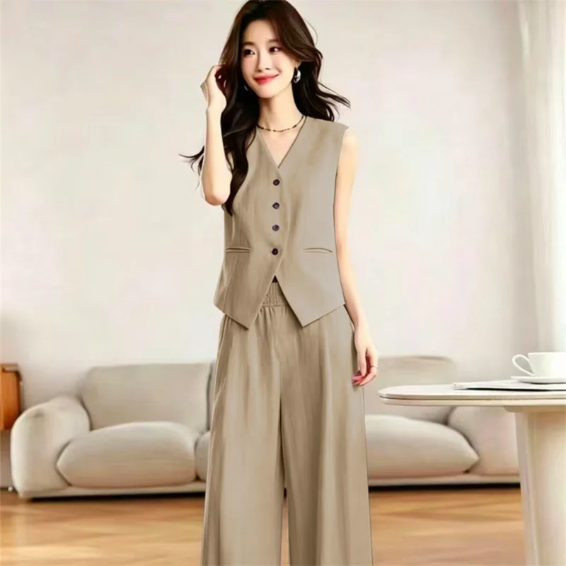 Women Pants 2PCS 2026 New Spring Summer Sleeveless Vest + Wide-leg Pants 2 Piece Set Female Blazers Waistcoat Vest Tops Outfits