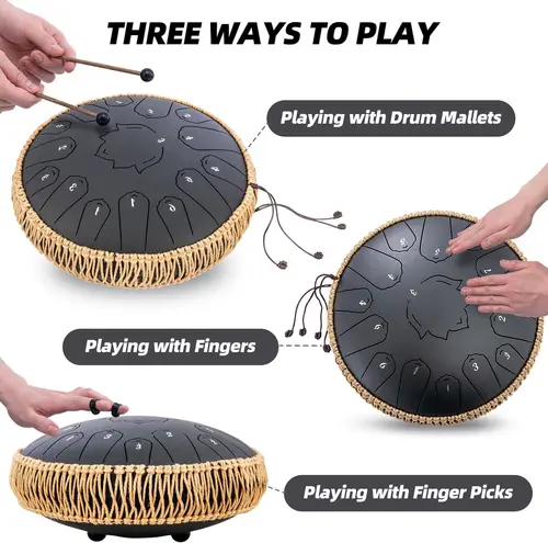 Imagen 2 del producto Hluru-tambor de lengua de acero, glucófono de 13 pulgadas, 15 notas, tono C, tambor de música, tambor etéreo, instrumentos musicales de percusión, tambor de acero