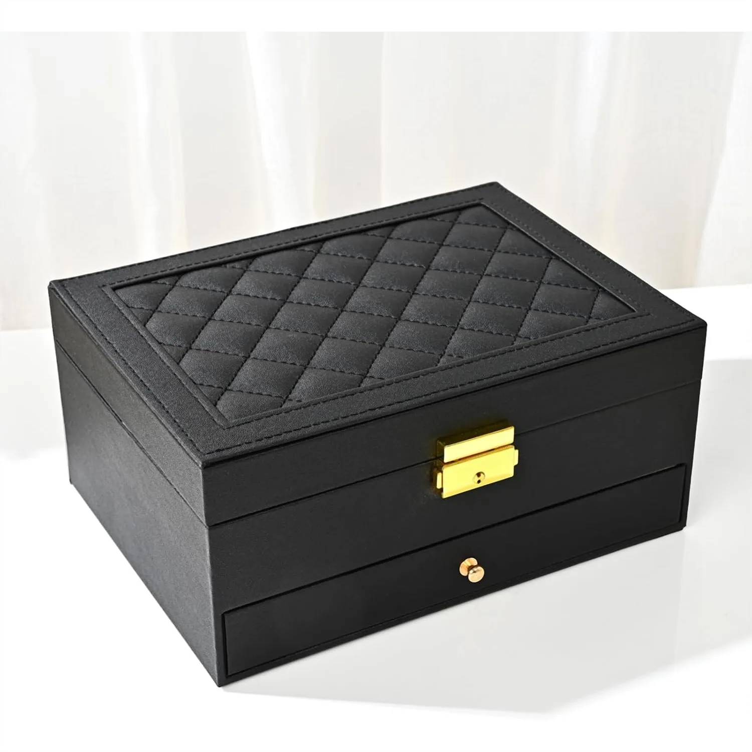 Large PU Leather Jewelry Box with Two Layers Display for Earrings Bracelets Rings Watches and Necklaces