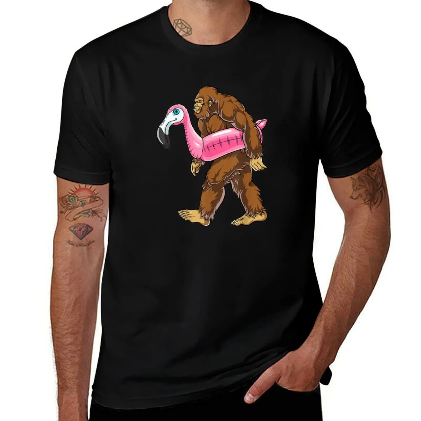 Pool Party Bigfoot Flamingo Sasquatch Pink Float T-Shirt Casual Streetwear Short Sleeve Tee T-Shirt