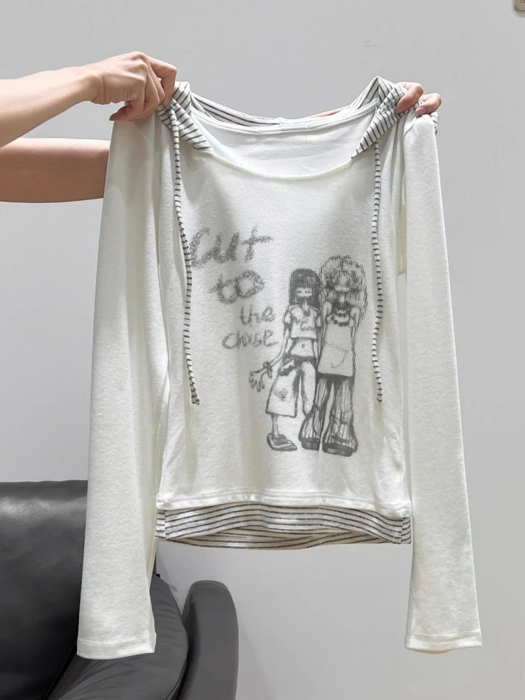 

HOUZHOU White Cute Anime Juminocore Women Hooded T-Shirt Gray Striped Long Sleeve Japanese Style Fake Two Piece Tees Slim Casual